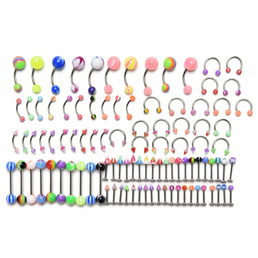 100Pcs Women Body Jewelry Eyebrow Navel Belly Lip Tongue Nose Piercing Bar Ring Jewelry EF8