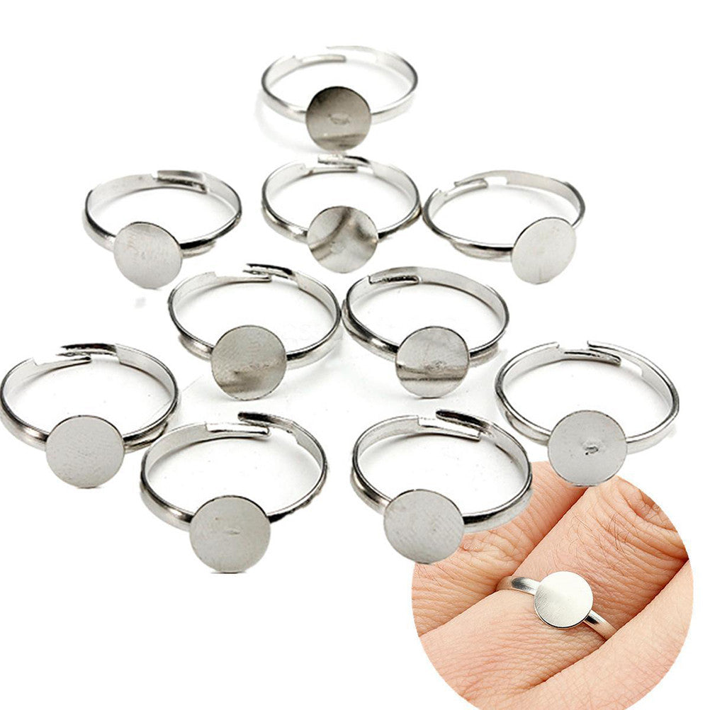 10PCS Dia 8mm Adjustable Silver Plated Flat Ring jewelry Findings Pad Bases Blanks Accessories EF8