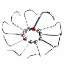 10Pcs Mix Colors Rhinestone Hook Bone Bar Pin Piercing Jewelry Nose Studs Rings EF8