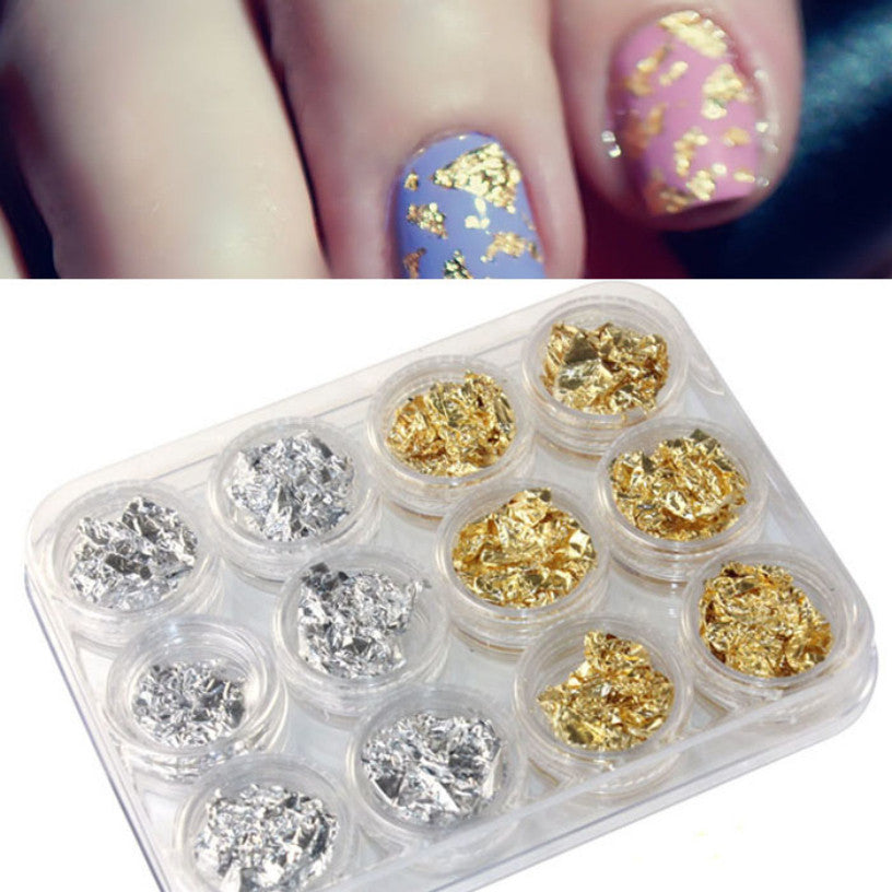 12pc Nail Art Gold Silver Paillette Flake Chip Foil DIY Acrylic UV Gel Stickers for Women Lady Beauty 1 set EF8