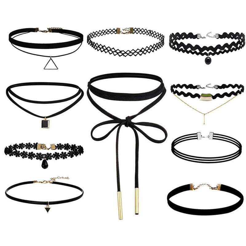 10Pcs Black Gothic Punk Velvet Tattoo Lace Choker Necklace Long Pendant Jewelry Women Collar Chocker EF8