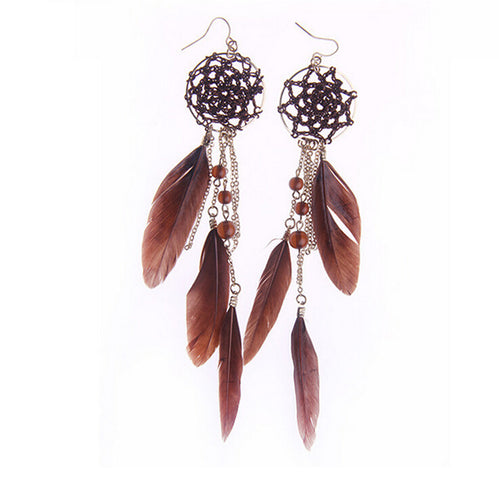 Bohemia Feather Beads Long Design Dream Catcher Earrings for Women Jewelry EF8