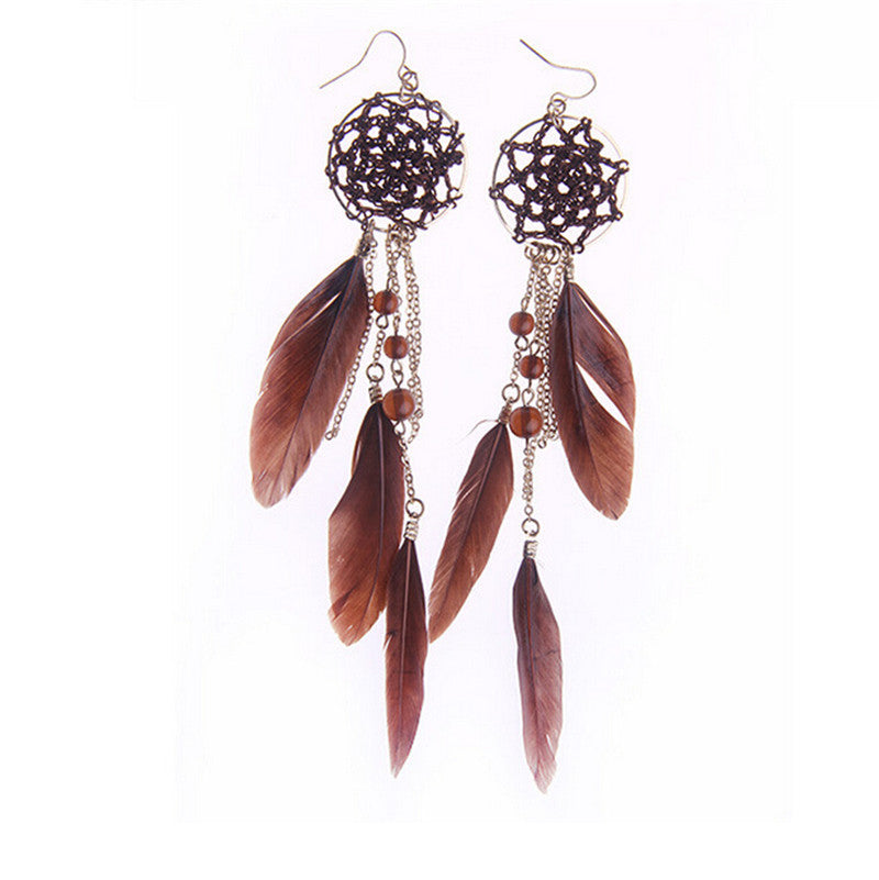 Bohemia Feather Beads Long Design Dream Catcher Earrings for Women Jewelry EF8