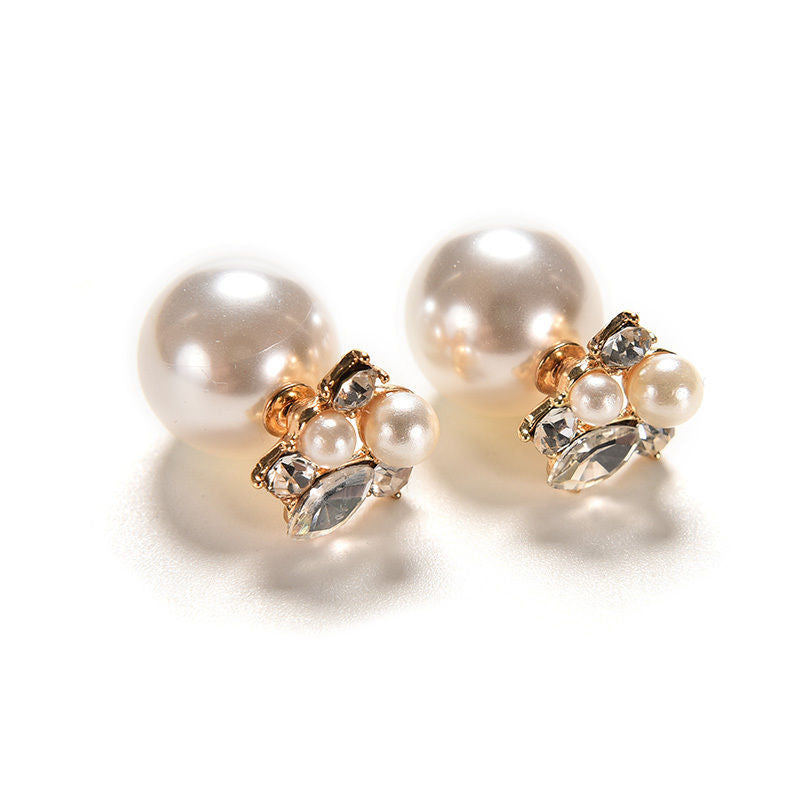 Double Pearl Earring Two Ball Stud Earrings For Women Girls Crystal Jewelry EF8