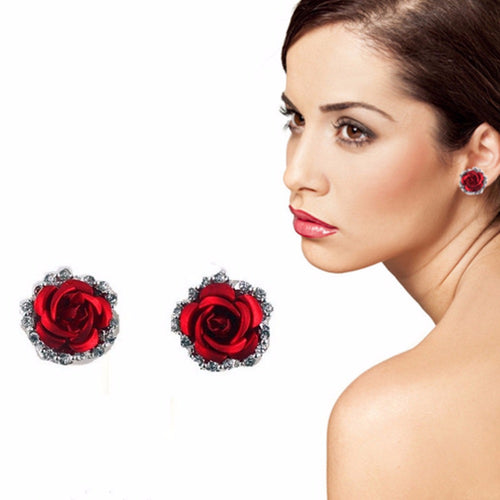 Elegant Charm Women Gold Plated 3 Colors Austrian Crystal Rose Pierced Stud Earrings For Gifts EF8