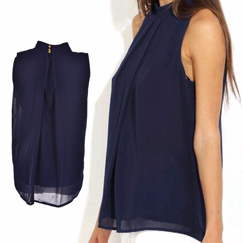 S-XL Women Chiffon Tank Top Tees Navy Sleeveless T Shirt Solid Color Lady Casual Vest Tops T-Shirt EF8