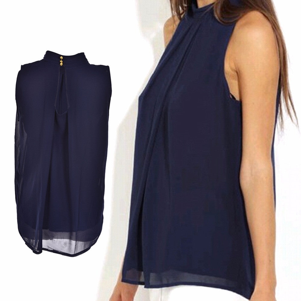 S-XL Women Chiffon Tank Top Tees Navy Sleeveless T Shirt Solid Color Lady Casual Vest Tops T-Shirt EF8