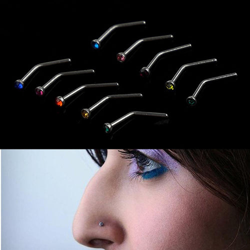 10Pcs Rhinestone Stainless Steel Screw Nose Hoop Ring Stud Body Piercing Pretty EF8