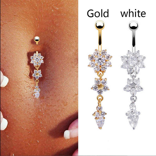 18K Gold Plated Dangle Flower AAA Crystal CZ Navel Bell Button Rings Sexy Body Piercing Navel Body Jewelry EF8