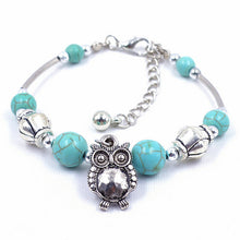 Charm Bangle Jewelry Birthday Gift Women Vintage Charm Jewelry Silver Plated Owl Turquoise Bracelets EF8