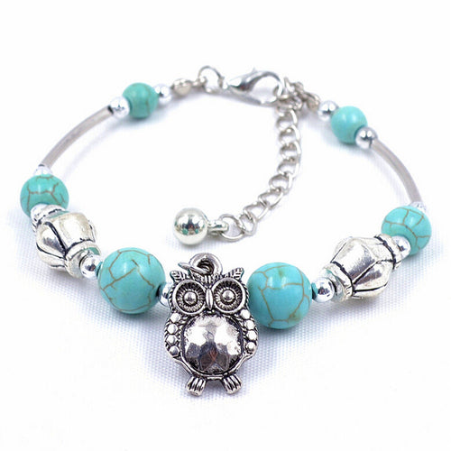 Charm Bangle Jewelry Birthday Gift Women Vintage Charm Jewelry Silver Plated Owl Turquoise Bracelets EF8