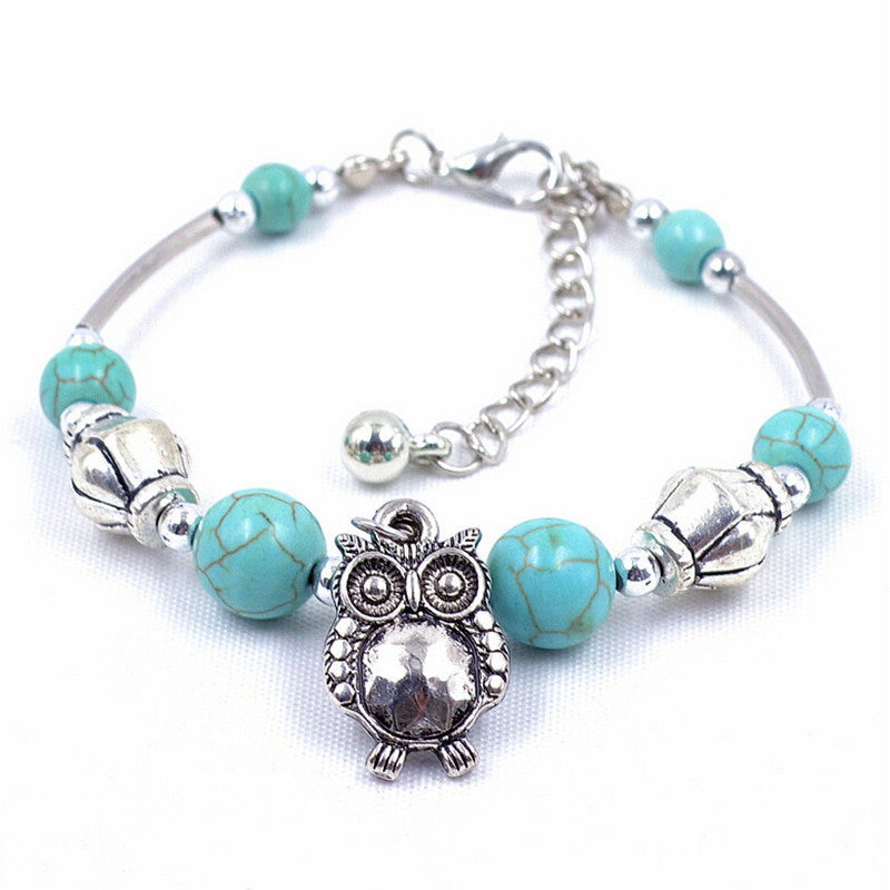 Charm Bangle Jewelry Birthday Gift Women Vintage Charm Jewelry Silver Plated Owl Turquoise Bracelets EF8