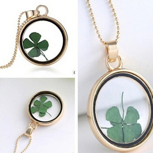 Dried Flower Clover Floating Locket Memory Living Pendant Necklace Gold Plated Jewelry   Plant Flower 60CM Chain Necklace EF8