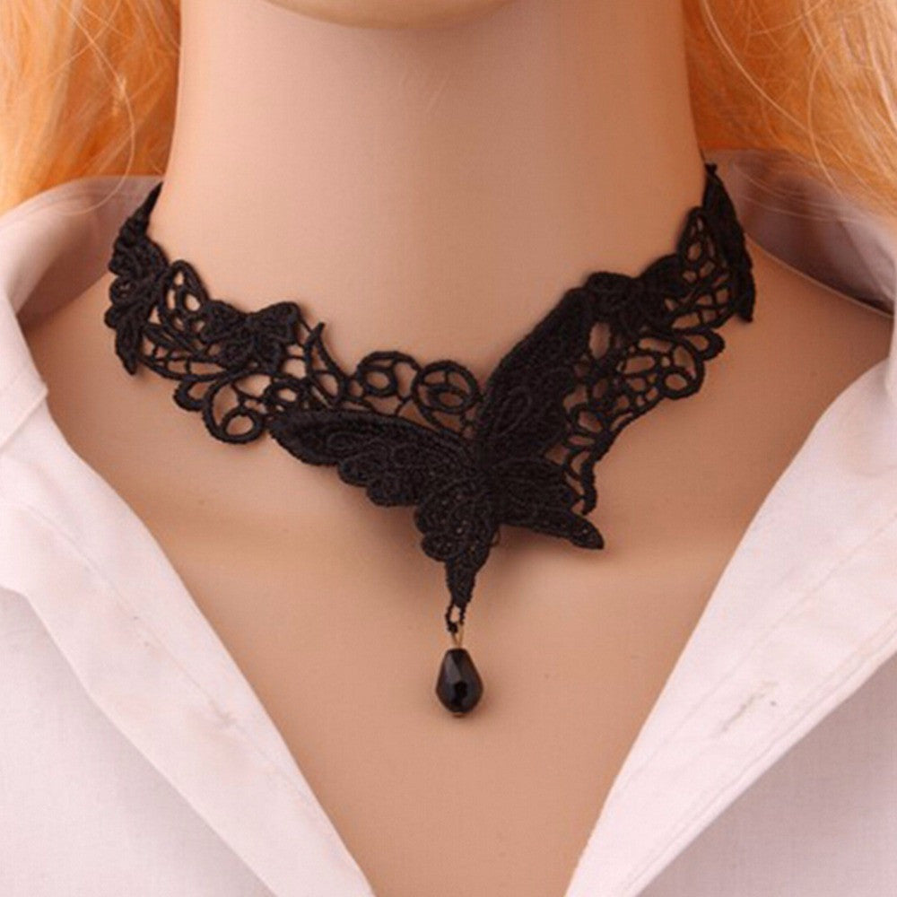 Black Lace   Beads Short Choker Victorian Steampunk Style Gothic Collar Lace Necklace For Wedding Party EF8