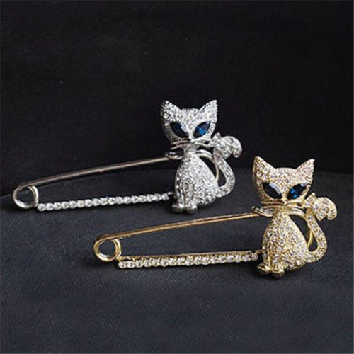 Gold Silver Plated Animal Brooches Pins Green Eye Crystal Cat Brooches  EF8