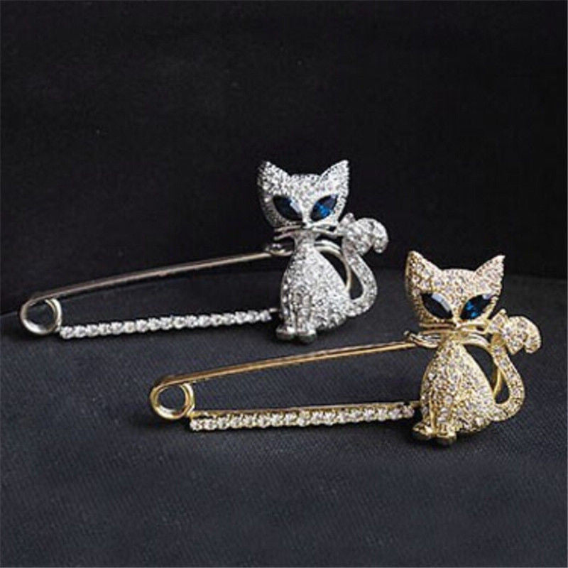 Gold Silver Plated Animal Brooches Pins Green Eye Crystal Cat Brooches  EF8