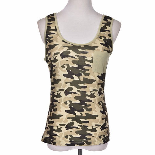 S-XXL Women Camouflage Tank Tops Lady Army Camo Sleeveless Vest Top Off Shoulder Camouflage T-Shirt Blouse with Pocket EF8