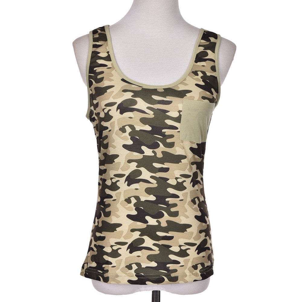S-XXL Women Camouflage Tank Tops Lady Army Camo Sleeveless Vest Top Off Shoulder Camouflage T-Shirt Blouse with Pocket EF8