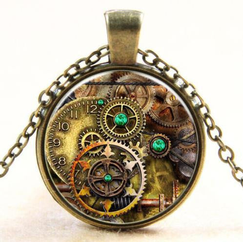 S Compass Watch Cabochon Bronze Glass Chain Pendant Necklace Chic Vintage Necklace EF8