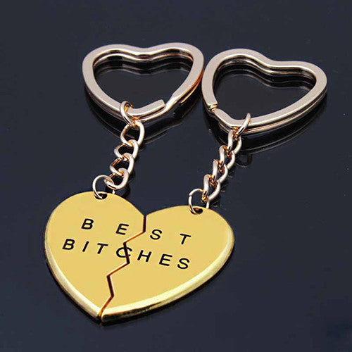 Friendship Forever Keychain Heart Pendant Pieces Broken Two Best Bitches Keyrings For Women Jewelry Gold Silver Colors EF8
