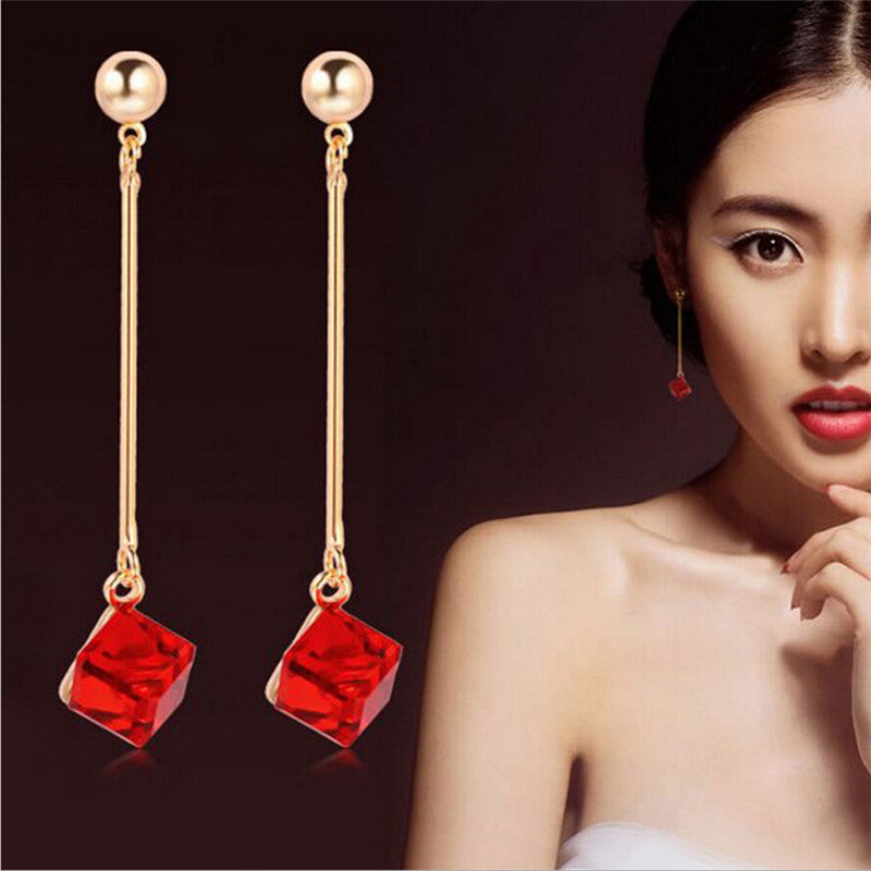 Long Earrings For Woman Jewelry Imitation Rhodium 18K Gold Plated Colorful Cube Crystal Earring EF8