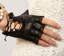 Women Faux Leather Black Gloves Half Finger Gloves Creative Women PU Leather Lace Dance Mittens EF8