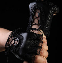 Women Faux Leather Black Gloves Half Finger Gloves Creative Women PU Leather Lace Dance Mittens EF8