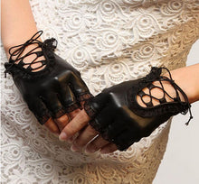 Women Faux Leather Black Gloves Half Finger Gloves Creative Women PU Leather Lace Dance Mittens EF8