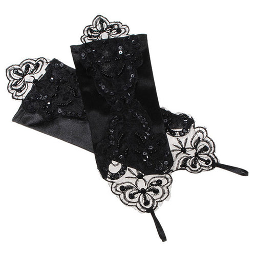 bride gloves beaded lace gloves hook finger gloves short gloves Black EF8