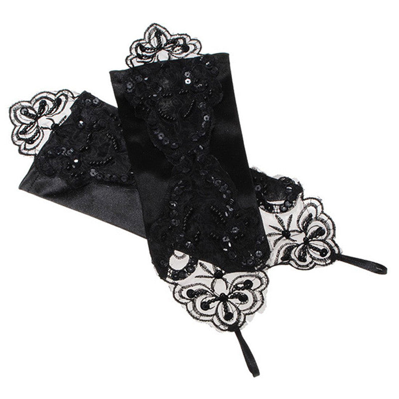 bride gloves beaded lace gloves hook finger gloves short gloves Black EF8