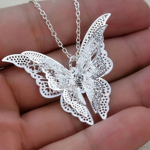 3 Layer 3D Crystal Rhinestone Silver Plated Butterfly Long Necklaces Sweater Pendants Collars Jewelry EF8