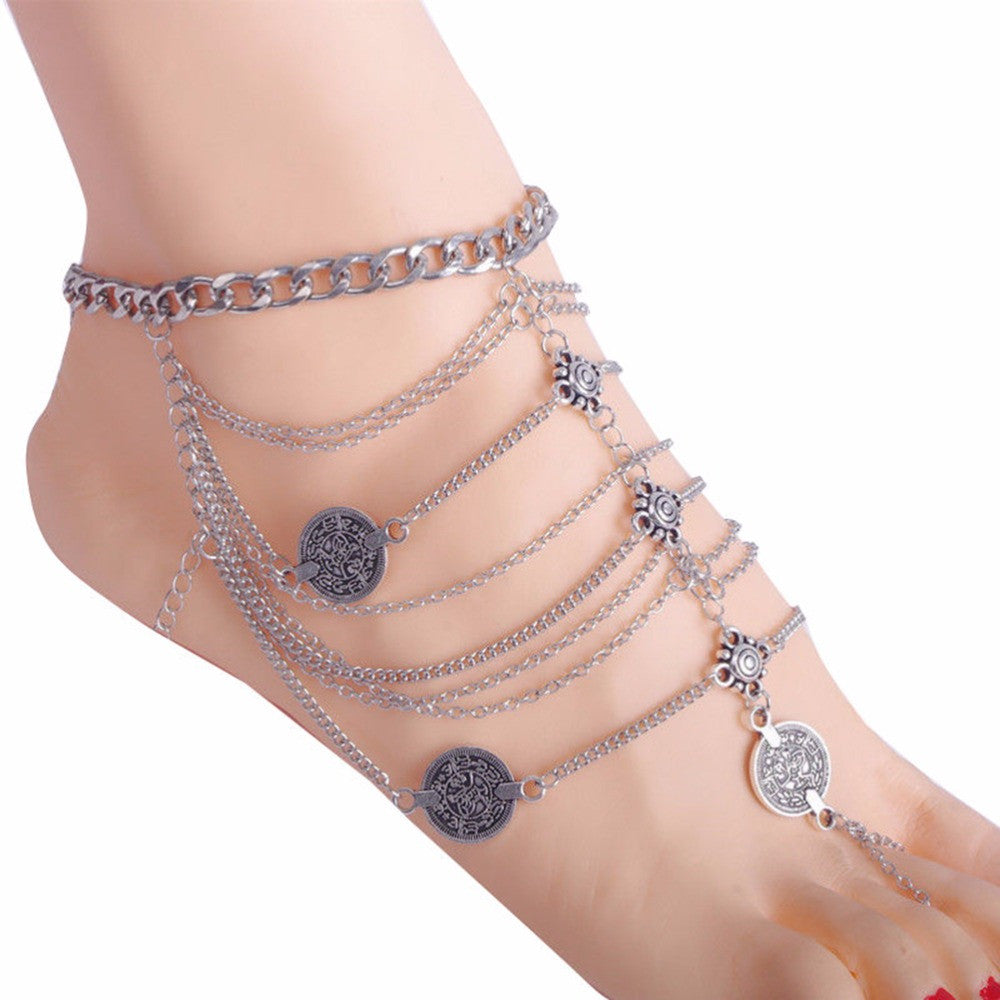 Antique Silver Anklet Coin Tassel Leg Bracelet For Women To Beach Ankle Chaine Women Foot Chain Anklets EF8