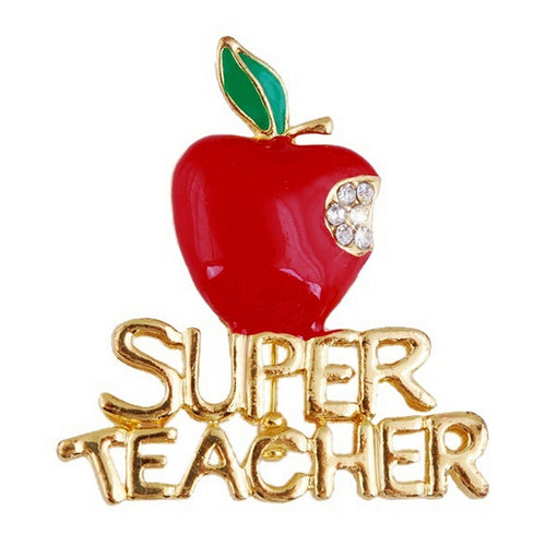 Gold Plated Super Teacher Brooch Pin Crystal Bitten Apple Brooch Best Gift EF8
