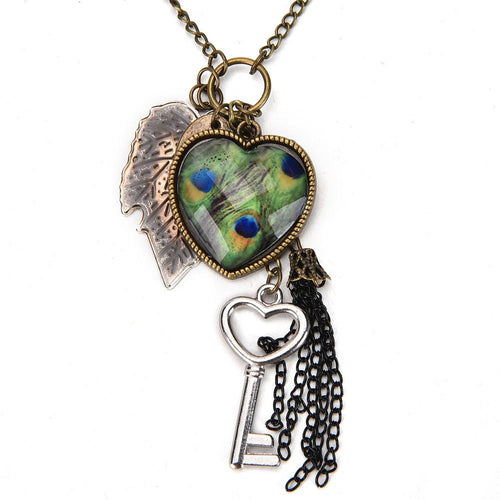Heart Leaf Leaves Vintage Long Sweater Chain Key Peacock Pendant Tassel Necklace  EF8