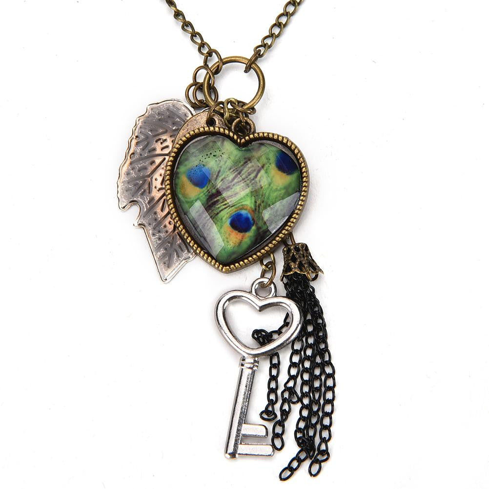 Heart Leaf Leaves Vintage Long Sweater Chain Key Peacock Pendant Tassel Necklace  EF8