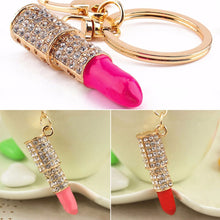 Lipstick Rhinestone Crystal Keyring Charm Pink Pendant Car Gold KeyChain For Woman Gift EF8