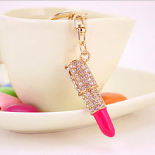 Lipstick Rhinestone Crystal Keyring Charm Pink Pendant Car Gold KeyChain For Woman Gift EF8