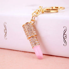 Lipstick Rhinestone Crystal Keyring Charm Pink Pendant Car Gold KeyChain For Woman Gift EF8