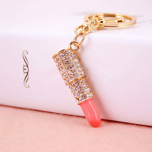 Lipstick Rhinestone Crystal Keyring Charm Pink Pendant Car Gold KeyChain For Woman Gift EF8