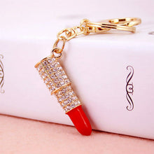 Lipstick Rhinestone Crystal Keyring Charm Pink Pendant Car Gold KeyChain For Woman Gift EF8