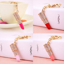 Lipstick Rhinestone Crystal Keyring Charm Pink Pendant Car Gold KeyChain For Woman Gift EF8