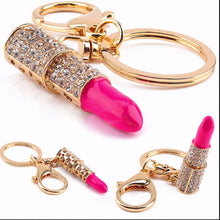 Lipstick Rhinestone Crystal Keyring Charm Pink Pendant Car Gold KeyChain For Woman Gift EF8