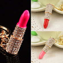 Lipstick Rhinestone Crystal Keyring Charm Pink Pendant Car Gold KeyChain For Woman Gift EF8
