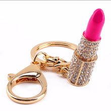 Lipstick Rhinestone Crystal Keyring Charm Pink Pendant Car Gold KeyChain For Woman Gift EF8