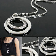 Long Chain Women Crystal Rhinestone Chunky Silver Plated Double Circle Pendant Necklace EF8