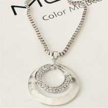 Long Chain Women Crystal Rhinestone Chunky Silver Plated Double Circle Pendant Necklace EF8