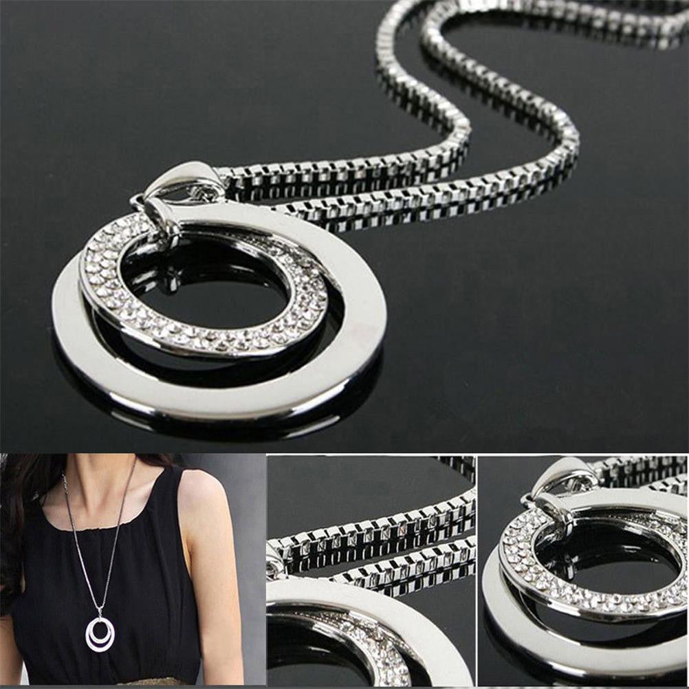 Long Chain Women Crystal Rhinestone Chunky Silver Plated Double Circle Pendant Necklace EF8