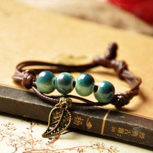Braided Bronze Leaf Beads Features Ceramic Vintage Pendant Bracelet Jewelry EF8