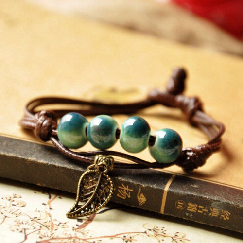 Braided Bronze Leaf Beads Features Ceramic Vintage Pendant Bracelet Jewelry EF8