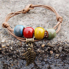 Braided Bronze Leaf Beads Features Ceramic Vintage Pendant Bracelet Jewelry EF8